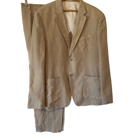 Men's Calvin Klein Tan Two Piece Suit Set 100% Linen Coat 56/ Pants 40